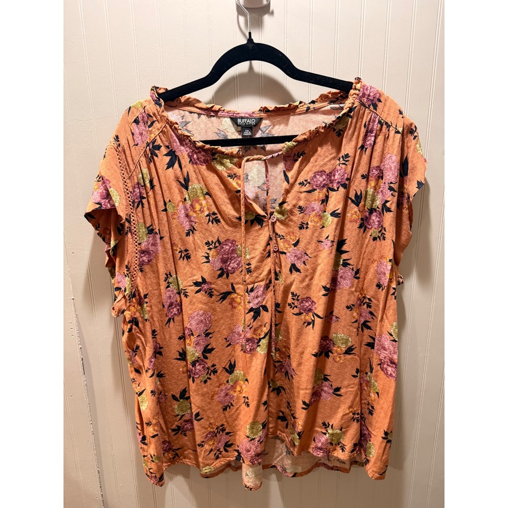 Buffalo David Bitton Orange Floral Peasant Top XXL Boho Lace Trim Tie Neck Blous